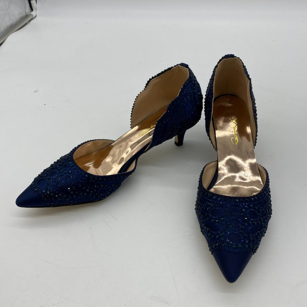 XYD blue rhinestone pointy toe kitten low heels slippers pumps shoes